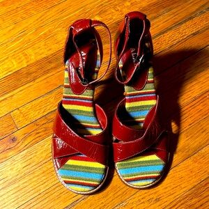 Alxia sandals red patent leather with unique striped soles and ankle straps